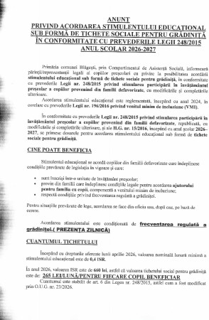 ANUNȚ PRIVIND ACORDAREA STIMULENTULUI EDUCAȚIONAL SUB FORMĂ DE TICHETE SOCIALE PENTRU GRĂDINIȚĂ ÎN CONFORMITATE CU PREVEDERILE LEGII 248/2015 ANUL ȘCOLAR 2026-2027 